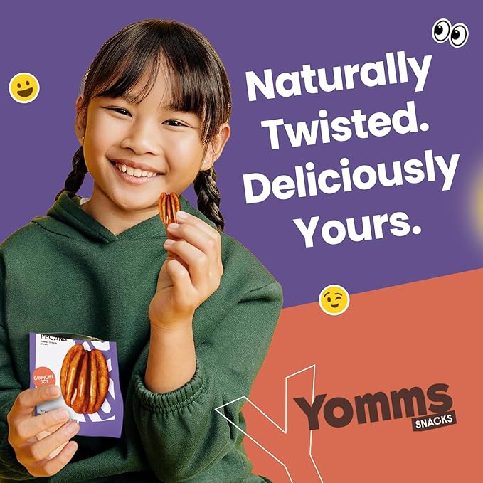 Yomms Crunchy Joy Pecans Halves – Low Sugar Healthy Dessert Snack | Sweet Coconut & Crunchy Pecan Snack | Lightly Sweetened, Honey Roasted Mixed Nuts | Great for Snacking, Salads - 1.3oz - Pack of 6