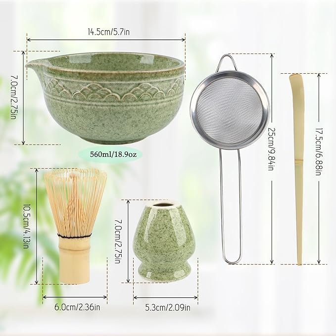 Japanese Matcha Whisk Set, 5-Piece Ceramic Bamboo Whisk Kit, Chawan Bowl 560ml/18.9oz | Complete Set for Traditional Matcha Making at Home, Ideal Gift for Tea Lovers (Green)