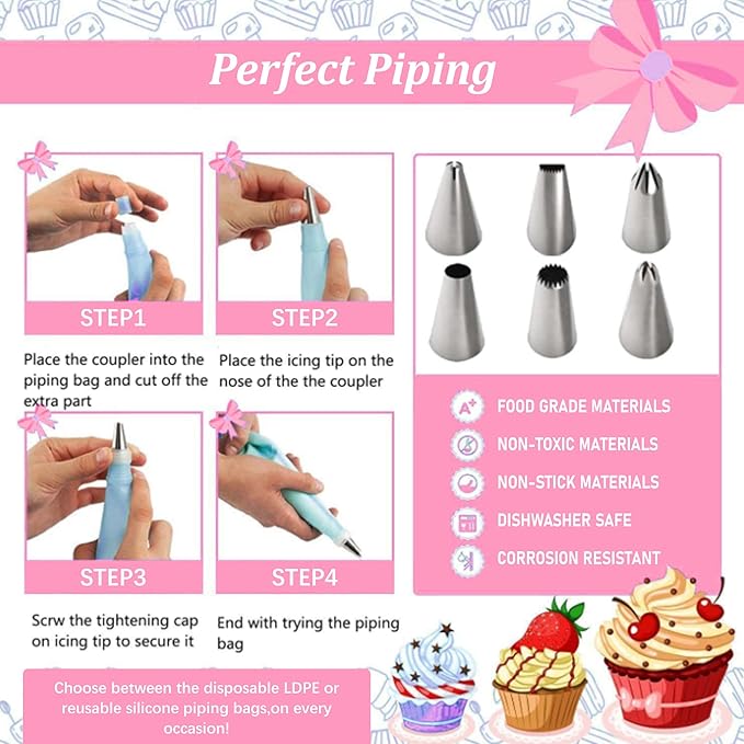 Cake Decorating Kit, 255PS, Round Opening, Cake Decorating Supplies, Piping Bags and Tips Set