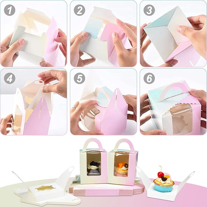 30 Pcs Individual Cupcake Boxes Gradient Single Cupcake Boxes 1 Hole Cake Box with Clear Window Inserts and 2 Sheets of Stickers for Wedding Birthday Party Favors