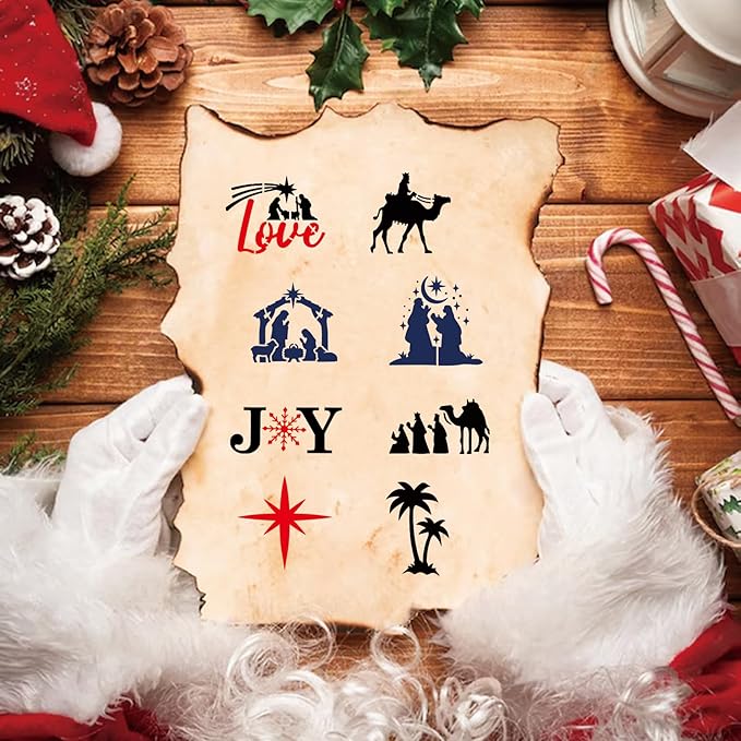 60pcs Christmas Stencils for Painting on Wood 3 Inch Small Nativity Ornament Reusable Holiday Xmas Drawing Stencil Templates for Wood DIY Crafts Card Paper Gift Home (Nativity Two)
