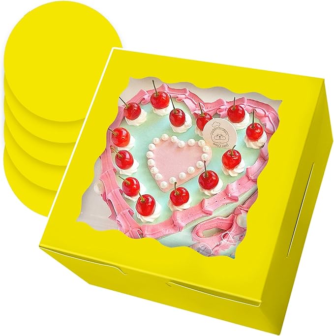 Bakepacker 36pcs 8x8x5 Inches Cake Boxes with Window 18-Packs Yellow Cake Boxes 8 Inch Bakery Boxes (18 Cake Boxes +18 Cake Boards Included)