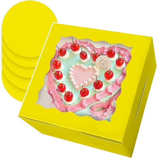 Bakepacker 36pcs 8x8x5 Inches Cake Boxes with Window 18-Packs Yellow Cake Boxes 8 Inch Bakery Boxes (18 Cake Boxes +18 Cake Boards Included)