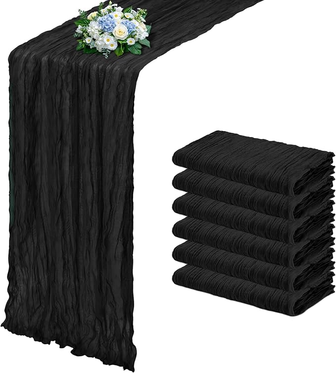 6 Pack Black Cheesecloth Table Runner 17x108 Inch Semi Sheer Boho Gauze Cheese Cloth Fabric Table Runners, for Wedding Party Baby Shower Birthday Home Decor Garden Farmhouse