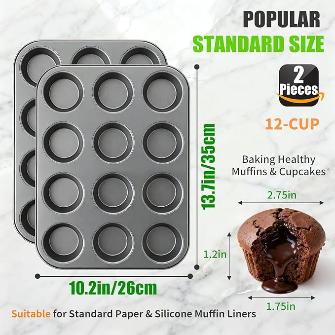 2-Pack Muffin Pan Set for Baking, Nonstick Cupcake Pan Set, Standard 12-Cup Muffin Tin for Baking Cupcakes - Carbon Steel