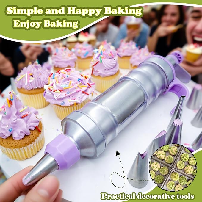FANTEXY Dessert Decorating Syringe Kit With 6 Frosting Icing Tips for Cake Decorating, Stainless Steel Cupcake Decorating Kit For Cakes, Cookies,Icing Gun and Tips Set