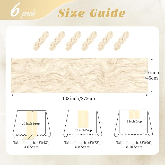 6 Pack Ivory Cheesecloth Table Runner 17x108 Inch Semi Sheer Boho Gauze Cheese Cloth Fabric Table Runners, for Wedding Party Baby Shower Birthday Home Decor Garden Farmhouse