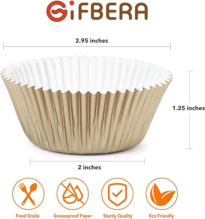 Gifbera Natural Metallic Foil Cupcake Liners - Standard Size Baking Cups Muffin Liners Paper for Celebration, 200-Count