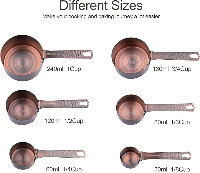 Smithcraft Copper Plated Measuring Cups Set 6, Stainless Steel Measuring Cups Set for Kitchen & Baking, Metal Metric & US Measure Cups for Dry & Liquid