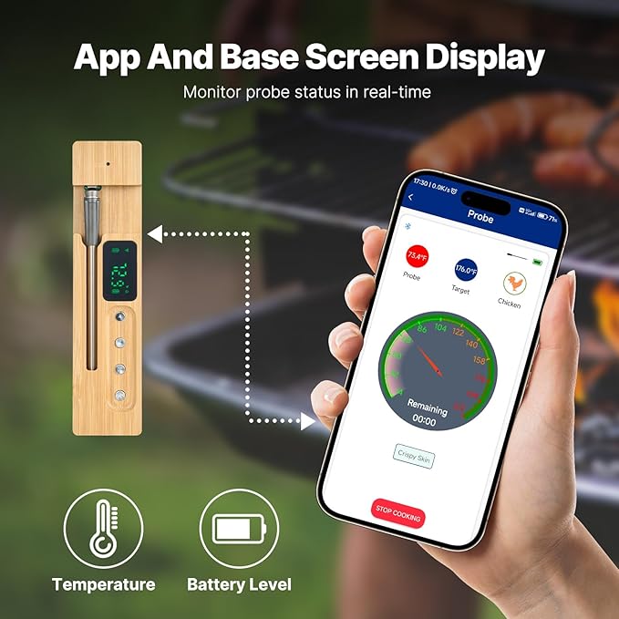 VEVOR Wireless Meat Thermometer, 500 ft Range Wireless Bluetooth Meat Thermometer, Digital Cooking Food, Waterproof Smart Meat Probe with One Probe, for Grilling, Smoker, BBQ & Oven