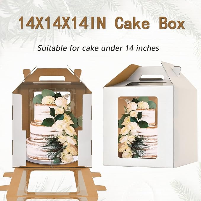 14x14x14 Inch Tall Cake Boxes with windows, 14in Large Tiered Cake Boxes, 5pack 12in Layer Tall Baking Carrier,Disposable Cake Containers