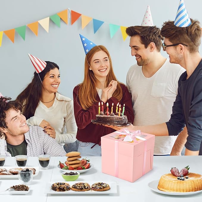 24Pcs 8x8x8 Inch Cake Boxes, 12pcs Pink Bakery Boxes with Window (12pcs Cake Boards), Square Cake Carrier Container Disposable Pie Boxes Package for Bake Decorating Supplies
