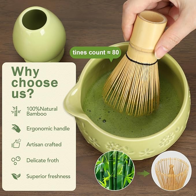 Matcha Whisk Tea Set: Ceramic Bowl with Spout, Bamboo Matcha Whisk & Spoon, Chasen Holder, Scoop Rest, Sifter, 8-Pcs Japanese Matcha Powder Kit–Gift for Ceremony & Matcha Lovers-Matcha Green