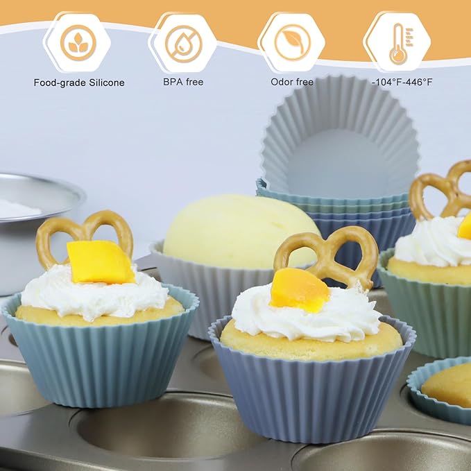 24Pack Silicone Muffin Cups, Reusable Cupcake Liners Molds for Baking, 3 Shapes Lunch Box Bento Dividers-Round, Square, and Rectangular (Grey Series, Regular Size)