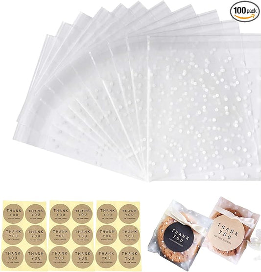 100pcs Self Sealing Cookie Bags,Polka Dot Cellophane Bags with Thank You Stickers (5"x5")