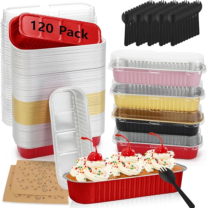 Ruckae 120 Pack Mini Loaf Pans with Lids and Spoons Stickers Disposable Aluminum Tin Foil Pans Rectangle Mini Loaf Cake Pan for Baking,Party,Picnics,Gifts(Mixed Color)
