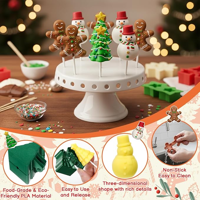 3 Pcs Christmas Cake Pop Mold Shapes Press Set, Christmas Tree & Snowman & Gingerbread Man Mold, Cake Pop Cutter and Pusher, Baking Tools Accessories for Christmastide Xmas
