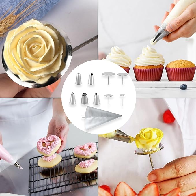 Cake Decorating Tool Kit, 5 Pcs Stainless Steel Piping Tips Set with 1 pc Frosting Bags, 4 Cake Flower Nails for Cake Fondant Cupcake