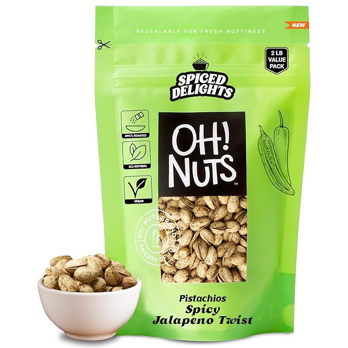 Oh! Nuts Spiced Pistachios – Jalapeño, 2 LB – Bold Savory Snack, Roasted Pistachio Variety – Packed in Resealable Bag to Maintain Freshness