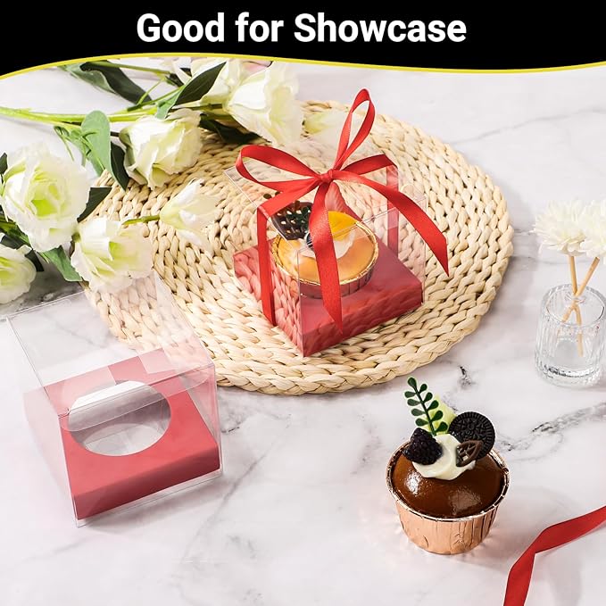 EUSOAR Cupcake Boxes Individual, 50 Pcs 3.5 Inch Clear Muffins Cupcake Containers with Inserts and Gift Ribbon, Dessert Pastry Holder Disposable Cookies Wrappers for Wedding Party Favor Bakery
