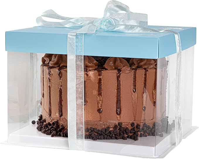 Restaurantware Sweet Vision 8.5 Inch x 6.75 Inch Transparent Cake Boxes, 10 Grease Resistant Base Clear Cake Boxes - Blue Lid, Blue Ribbon, Plastic Birthday Cake Boxes, For Weddings Or Birthdays