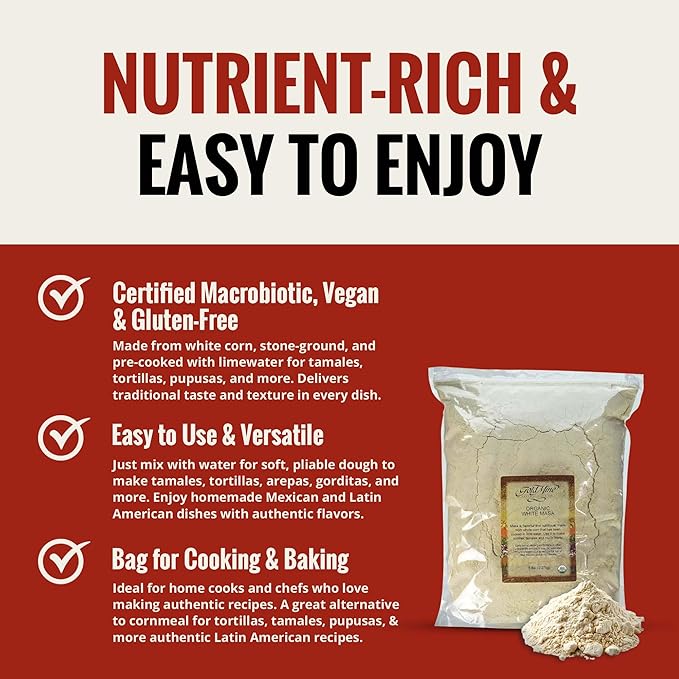 Gold Mine Natural Food Co. Gold Mine Masa Harina - USDA Organic - Macrobiotic, Vegan, Kosher and Gluten Free Flour for Healthy Mexican Dishes – 5 lbs, White Corn, 80 Oz