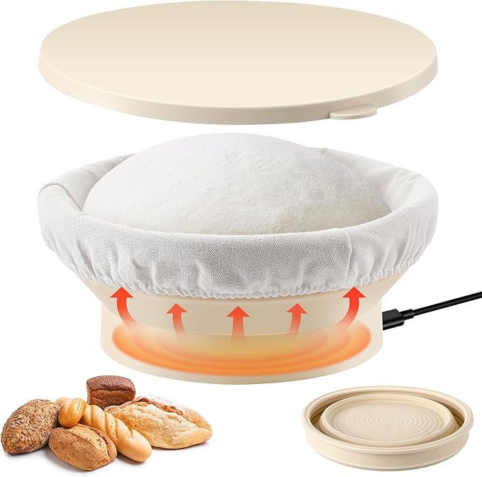 Enhon Heated Bread Proofing Baskets, Round 9 Inch Sourdough Starter Kit 4 Levels Temperature Adjustment Bread Making Tool, Proofing Basket with Liners for Banneton Bread Baking Homemade Essentials