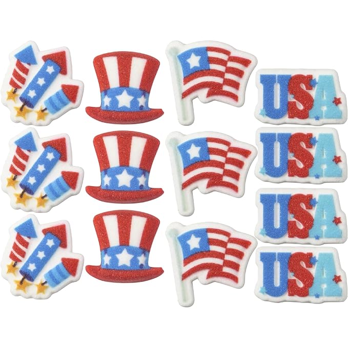 Red, White, and Blue Assortment - Fireworks, Flag, Hat, and USA Edible Sugar Cake Toppers, 12 Count