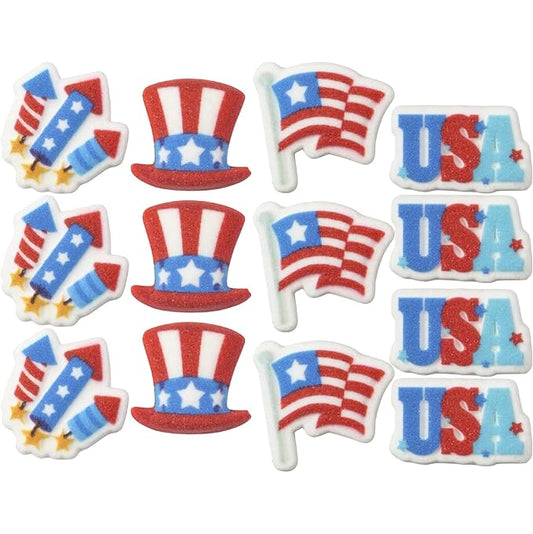 Red, White, and Blue Assortment - Fireworks, Flag, Hat, and USA Edible Sugar Cake Toppers, 12 Count