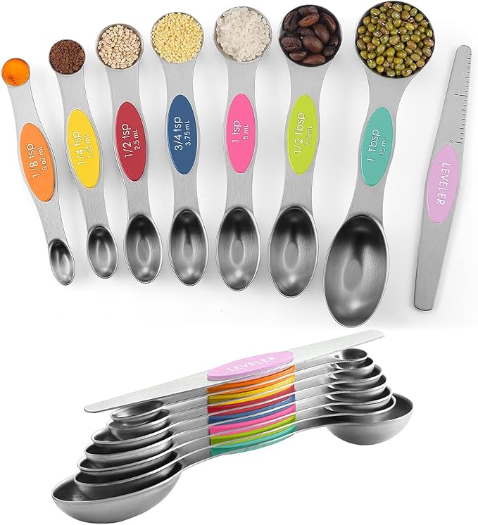 Pack of 8 Stainless Steel Magnetic Measuring Spoons Set, Dual Sided, Stackable, Adjustable Teaspoon and Tablespoon Measure Spoon with Leveler, Kitchen Gadgets
