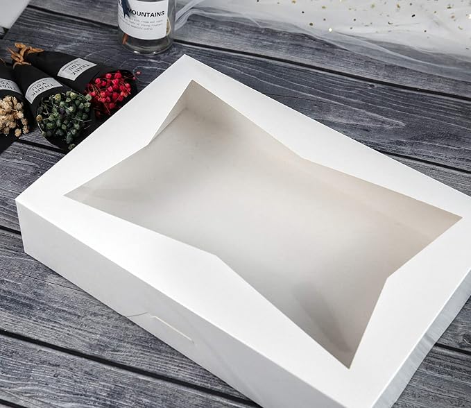 ONE MORE [15-Pack] 14 x10 x 3inch White Lock Corner Window Bakery Cookie Boxes, Large Paperboard Container with PVC Windows for Pie