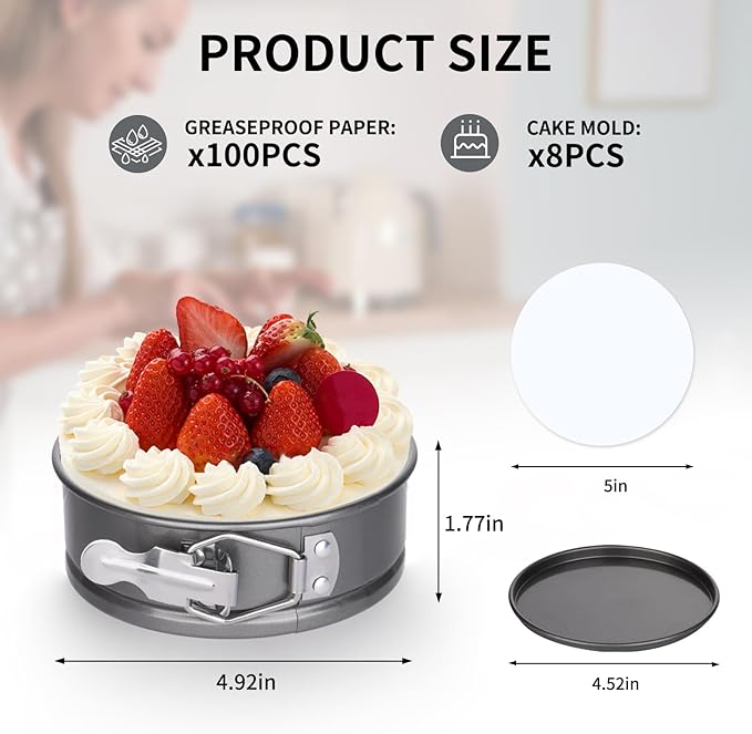 Dualshine 8 Pcs 4 Inch Springform Pan Mini Cheesecake Pan with Removable Base Nonstick Round Cake Pans for Baking with 100 Pcs Parchment Paper Liners for Pizzas，Quiches