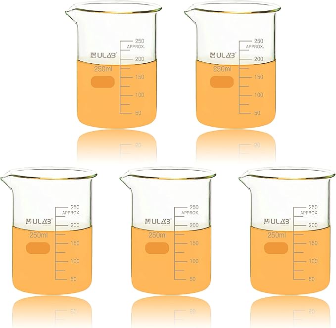 ULAB Scientific Glass Beakers, Vol. 250ml, 3.3 Borosilicate Griffin Low Form with Printed Graduation, Pack of 5, UBG1033