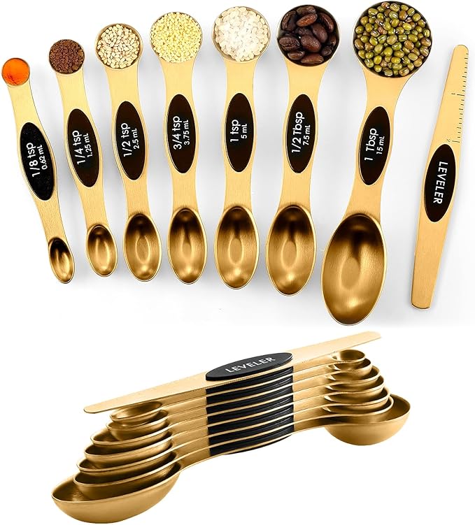 Pack of 8 Stainless Steel Magnetic Measuring Spoons Set, Dual Sided, Stackable, Adjustable Teaspoon and Tablespoon Measure Spoon with Leveler, Kitchen Gadgets