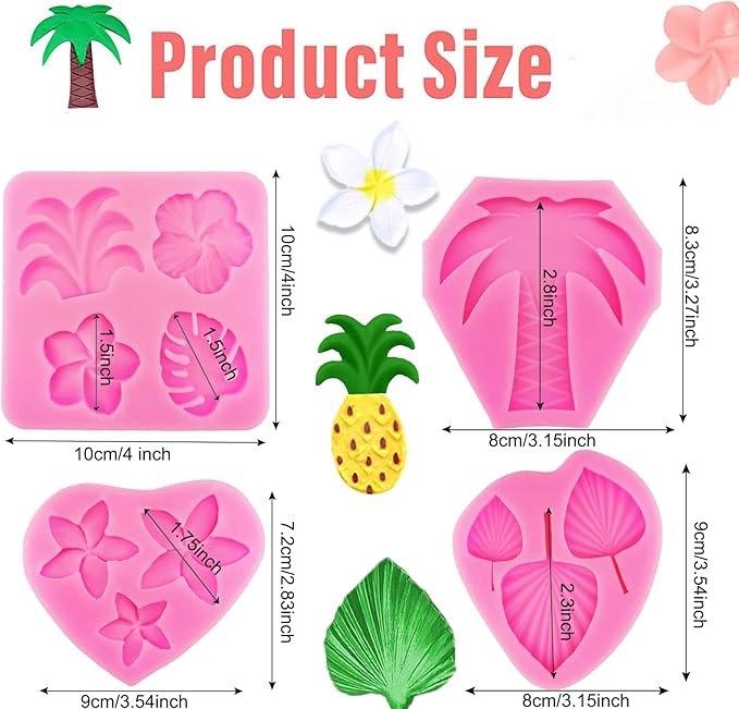 4 Pcs Tropical Flowers Leaves Mold Fan Leaf Fondant Mold Hibiscus Flower Monstera Leafage Palm Leaf Plumeria Flower Silicone Molds for DIY Chocolate Candy Cupcake Cake Topper Hawaiian Party Decoration