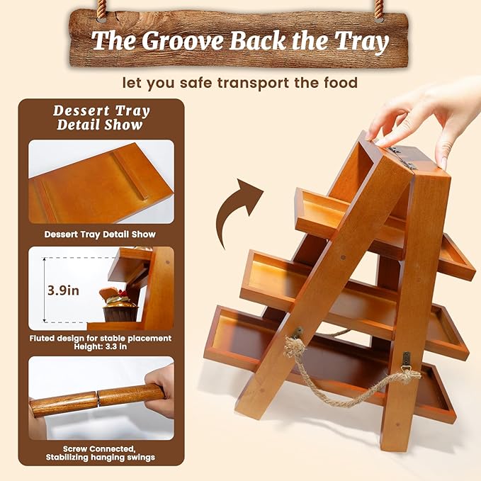 3 Tier Cupcake Stand - Wooden Display Stand for Desserts, Fruits, Nuts, Cheese - Removable Trays and Foldable Stand - Perfect for Parties and Events - Rustic and Unique Wooden Serving Tray
