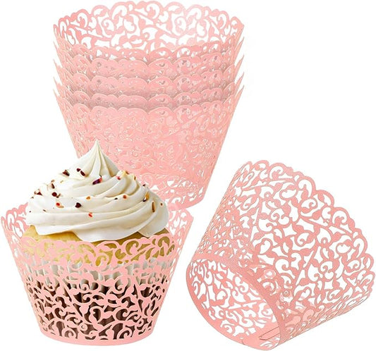 PATIKIL Cupcake Wrappers Paper, 50 Pack Baking Cups Standard Vine Decoration for Anniversary Birthday Weddings and Parties, Pink