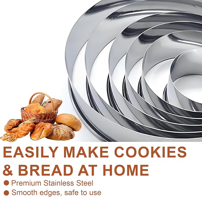 8Pcs Round Cookie Cutter Set,6 Stainless Circle Cookie Cutter(2/3/3.5/4/5/6 Inch) with Hard Flexible Plastic Dough Scrapers and 10 Piping Bags, Biscuit Cutters for Baking Cookies, Pastries and Donuts