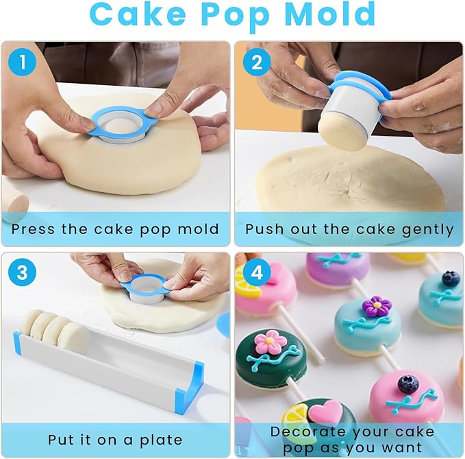 Round Cake Pop Cutter and Pusher Set : Cake Pop Kit with Tray and 100PCS Sticks - Easy to Make Homemade Cakepop Molds Shapes for Housewife, Baking Enthusiast Parties Prep