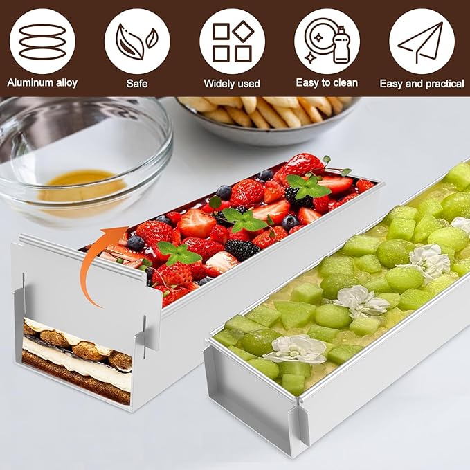 4 Pack Tiramisu Pan, Long Rectangle Cake Mold, Aluminum Alloy with Removable Frame Tiramisu Rectangle Trays for Tiramisu Cheesecake Mousse (4)