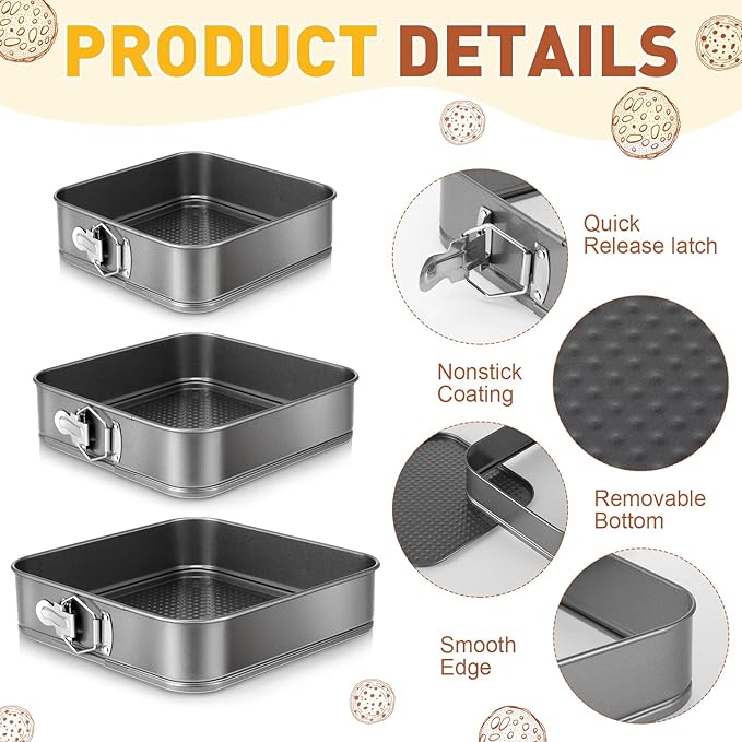 Zubebe Springform Cake Pan Square Non Stick Baking Pan 9.5, 10.2, 11 Inch, Set of 6 Leakproof Square Baking with Removable Bottom Cake Mold for Cheesecake Wedding, 3 Sizes