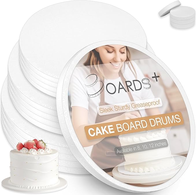 Sleek Cake Board Drum 8, 10 & 12 Inch (3 Sizes, 12 Pack Total) | Free Prop Up Tool | 1/2" Thick Cake Board Rounds | Sturdy & Greaseproof Cake Circle For Presenting Heavy/Tiered Cakes