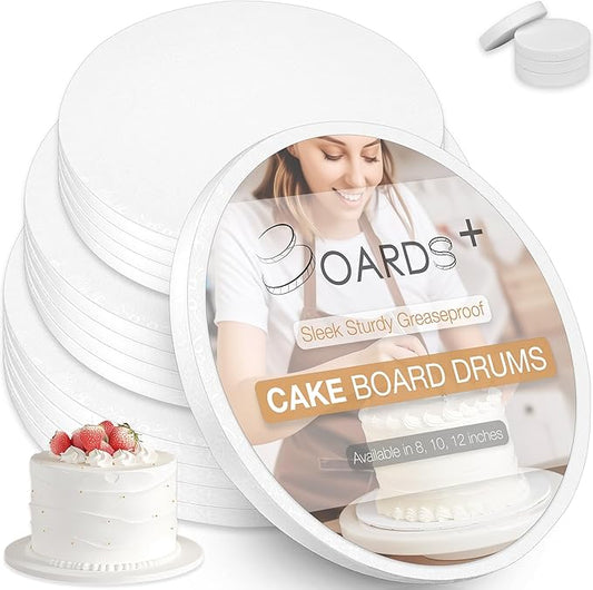 Sleek Cake Board Drum 8, 10 & 12 Inch (3 Sizes, 12 Pack Total) | Free Prop Up Tool | 1/2" Thick Cake Board Rounds | Sturdy & Greaseproof Cake Circle For Presenting Heavy/Tiered Cakes