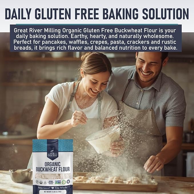 Great River Organic Milling Organic Buckwheat Flour | Gluten Free Flour Alternative | USDA Organic, Non-GMO, Kosher | Ideal for Crepes, Pancakes, Waffles, Baking & More | 5 Lb