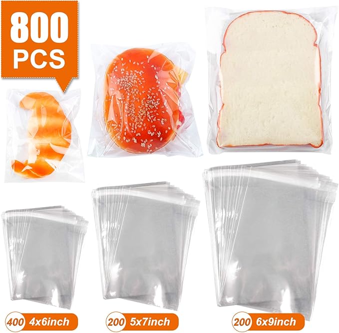800 PCS Clear Re-sealable Cello/Cellophane Bags 3 Sizes with 4×6, 5×7, 6×9 Inch Good for Bakery, Snacks, Candle, Soap, Cookie, Jewelry, Cards