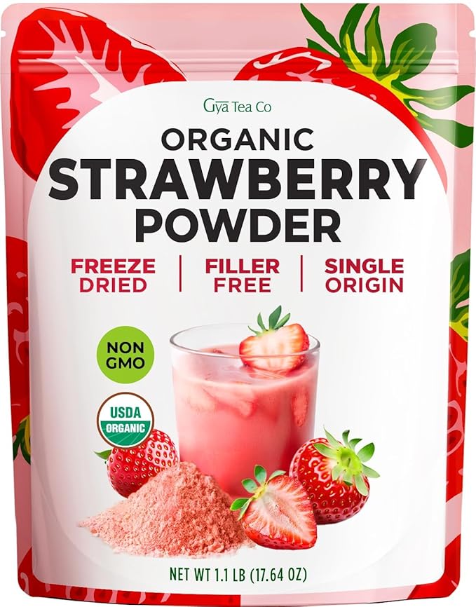 Gya Tea Co Organic Freeze Dried Strawberry Powder 1.1 lb (17.64 oz) - No Sugar Added, Non GMO, Gluten Free - Great Flavor for Milk, Baking, Drinks, Smoothies & Cakes, Vegan Friendly