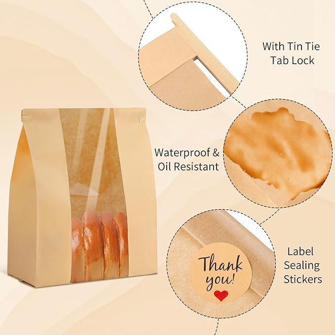 120 Bread Bags for Homemade Bread, Sourdough Bread Bag with Window 14" X 8.3" X 3.5" Large Paper Bakery Bags with Tin Tie Tab Lock Stickers for Food Cookies Packaging Storage
