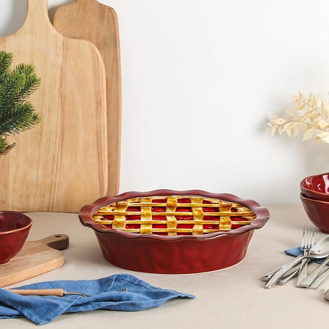 vicrays Ceramic Pie Pan for Baking - 9 inch Pie Plate, Round, Fluted and Deep Pie Dish for Tart, Pizza, Apple Pie, Quiche, Pot Pies, Cake - Reactive Glaze (Cherry Red)