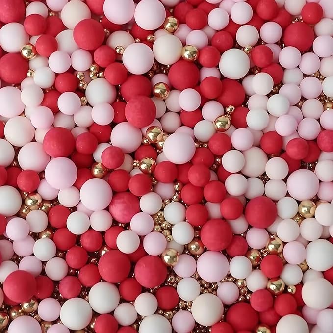 Edible Red & Pink & White & Gold Sugar Pearls Sprinkles Candy Mix Size Pearls Cake Decorations Cupcake Toppers Decorating Perfect for Wedding Party Valentine Christmas Supplies 4.58OZ