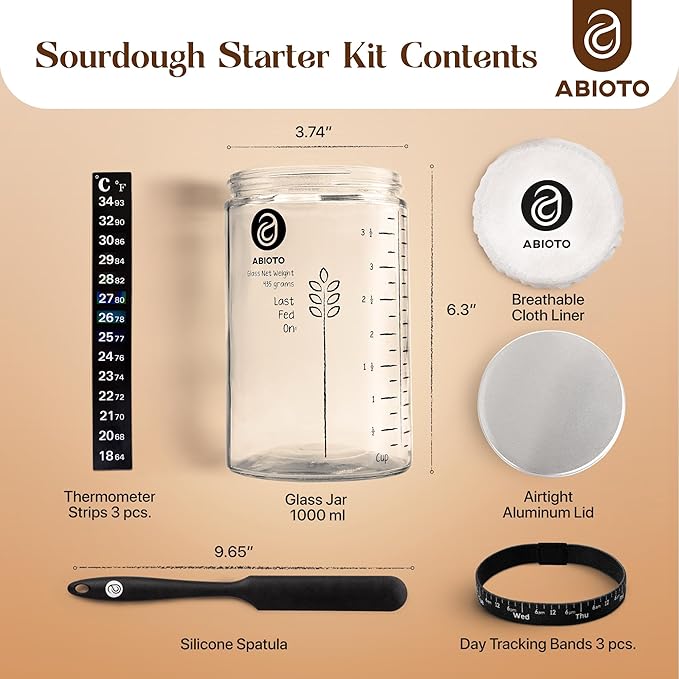 Sourdough Proofing Basket and Starter Jar Kit – 2.2 LB Oval Wood Pulp Banneton (Made in Germany) with 34 oz Sourdough Starter Jar, Thermometer Strips, Day Tracker & Spatula – Bread Proofing Set